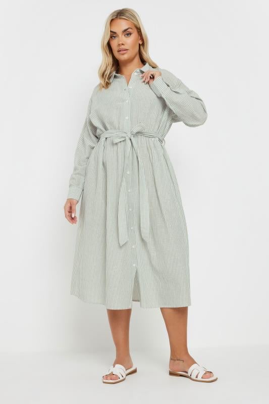 Evans YOURS Curve Sage Green Linen Stripe Shirt Dress