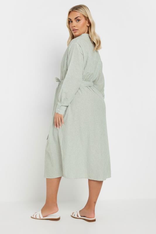 Evans YOURS Curve Sage Green Linen Stripe Shirt Dress
