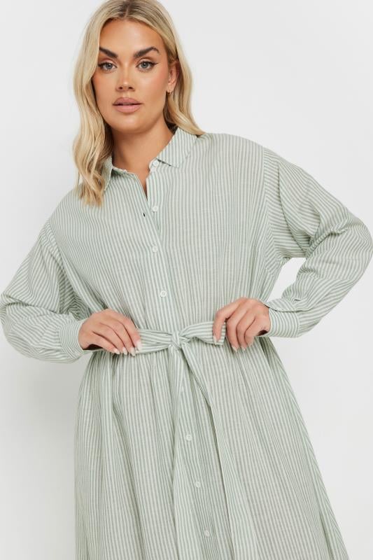 Evans YOURS Curve Sage Green Linen Stripe Shirt Dress