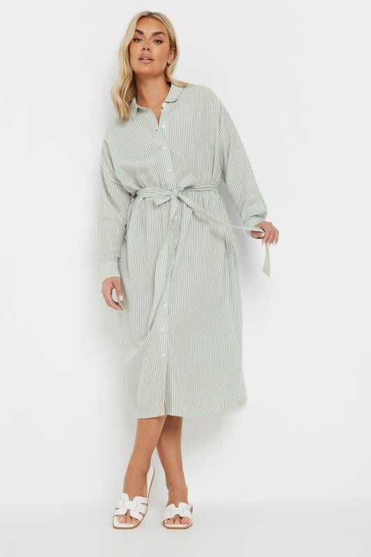 evans YOURS Curve Sage Green Linen Stripe Shirt Dress