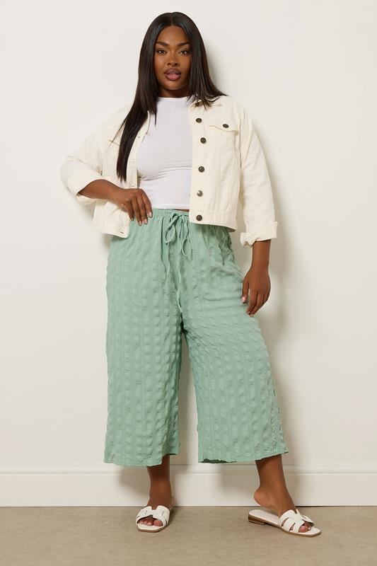Evans YOURS Curve Sage Green Textured Tie Waist Culottes