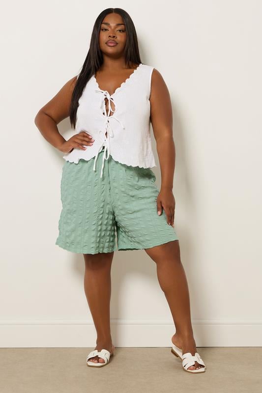 Evans YOURS Curve Sage Green Textured Tie Waist Shorts