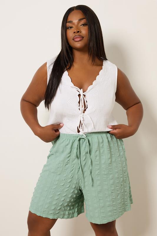evans YOURS Curve Sage Green Textured Tie Waist Shorts