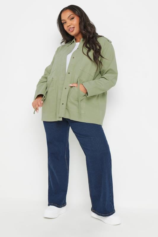 Evans YOURS Curve Sage Green Utility Style Denim Jacket