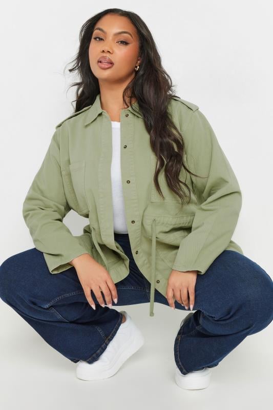 Evans YOURS Curve Sage Green Utility Style Denim Jacket