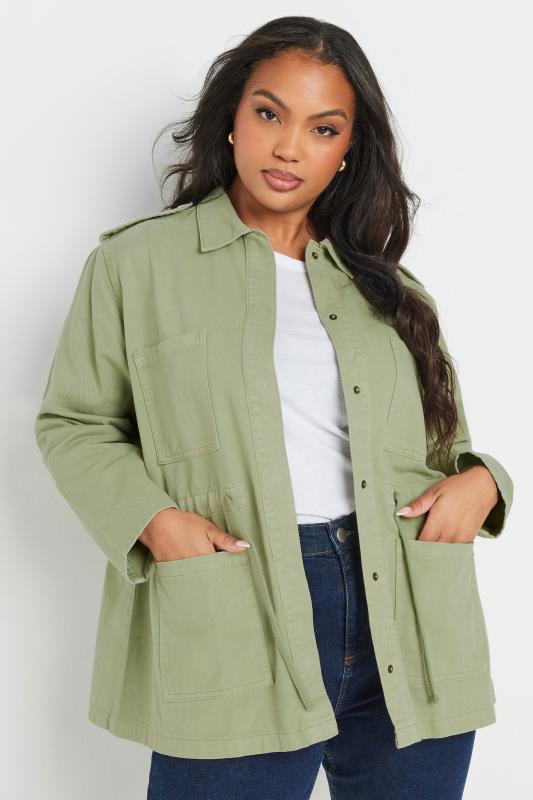 evans YOURS Curve Sage Green Utility Style Denim Jacket