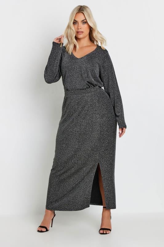 evans YOURS Curve Silver Metallic Side Split Midi Skirt