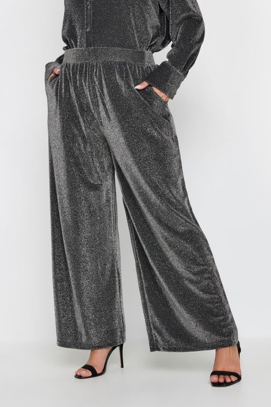 Evans YOURS Curve Silver Metallic Wide Leg Trousers