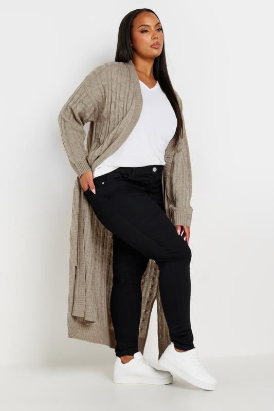 Evans YOURS Curve Stone Brown Cable Knit Maxi Cardigan