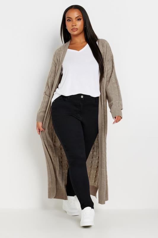 evans YOURS Curve Stone Brown Cable Knit Maxi Cardigan