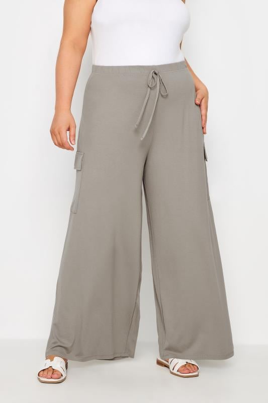 evans YOURS Curve Stone Brown Jersey Wide Leg Cargo Trousers