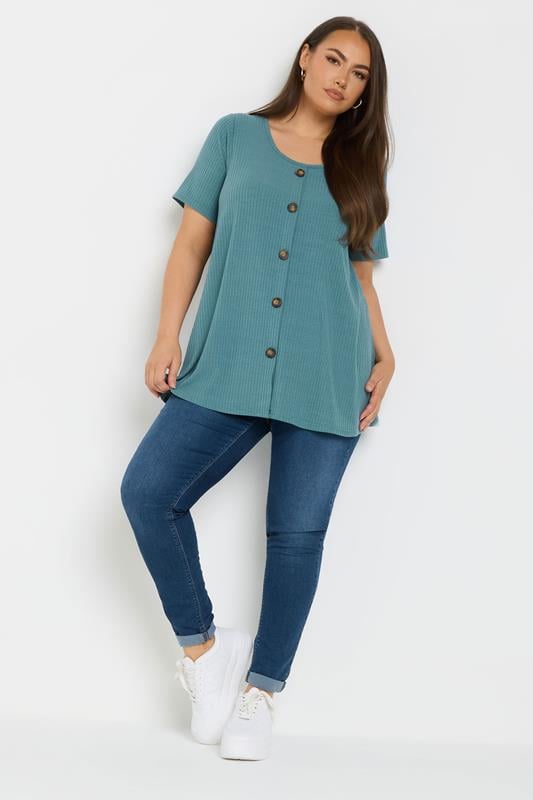 Evans YOURS Curve Teal Blue Button Front Ribbed Swing Top