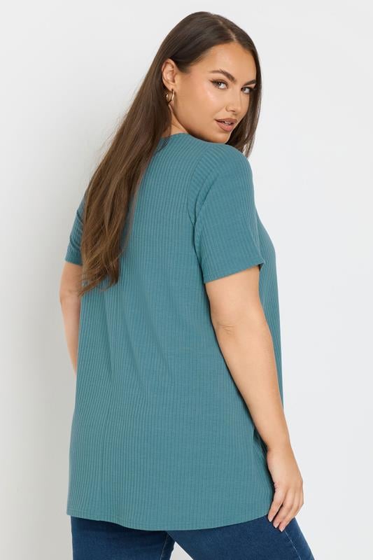 Evans YOURS Curve Teal Blue Button Front Ribbed Swing Top