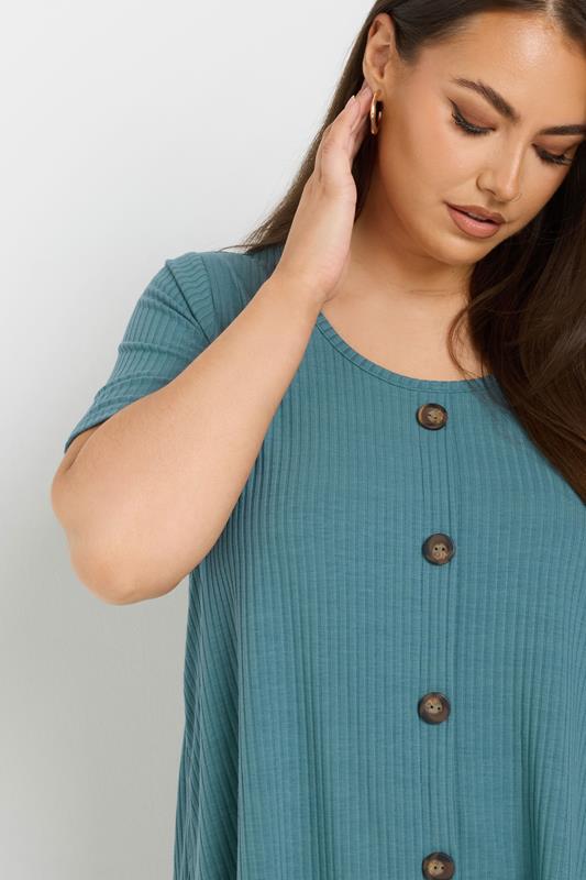 Evans YOURS Curve Teal Blue Button Front Ribbed Swing Top