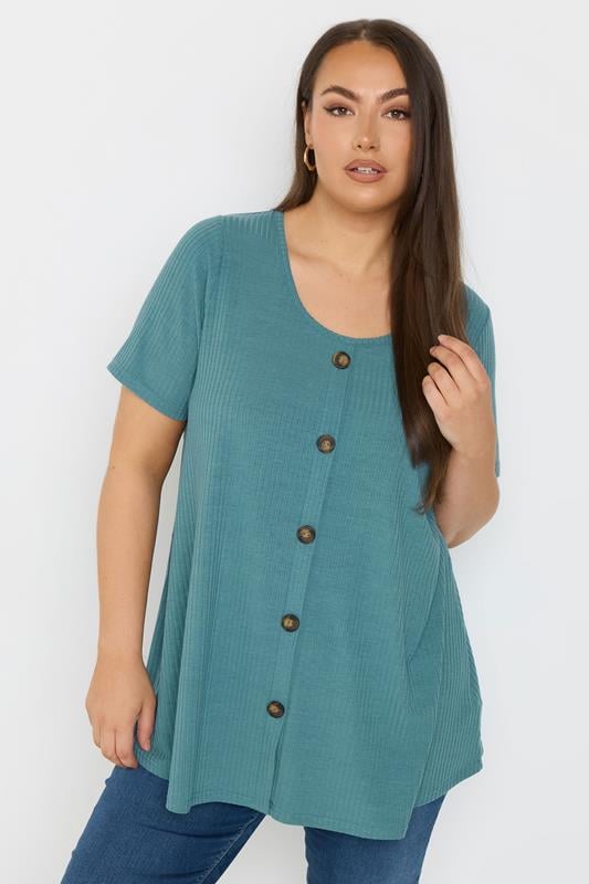 evans YOURS Curve Teal Blue Button Front Ribbed Swing Top