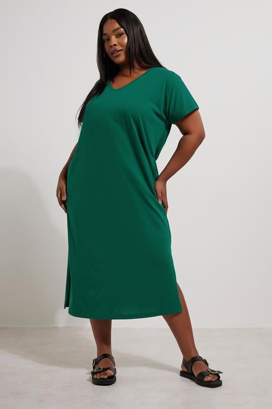 Evans YOURS Curve Teal Green Grown On Sleeve Midi Dress
