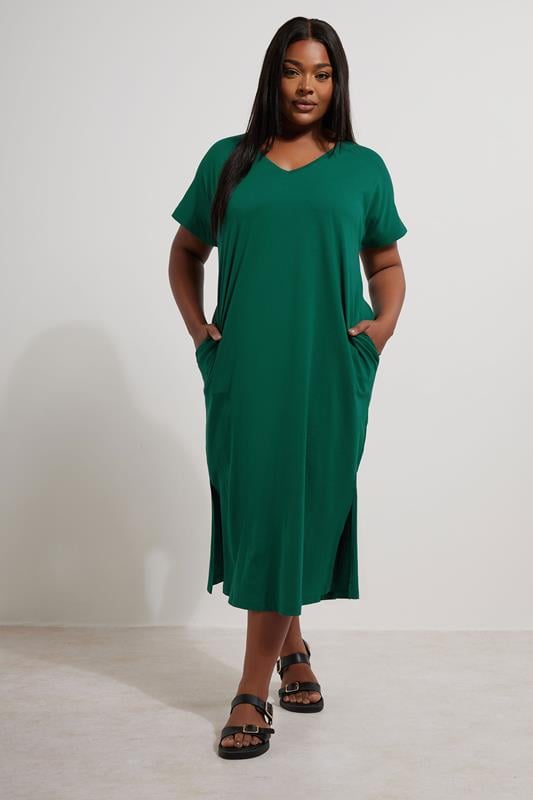 evans YOURS Curve Teal Green Grown On Sleeve Midi Dress
