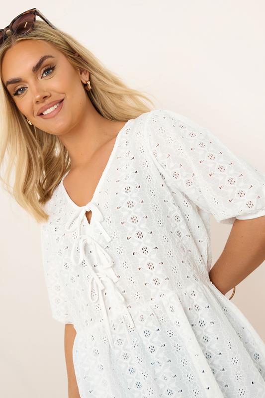 Evans YOURS Curve White Broderie Anglaise Bow Tie Front Peplum Top