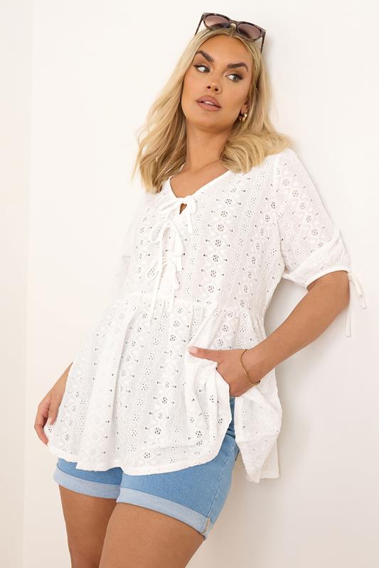 evans YOURS Curve White Broderie Anglaise Bow Tie Front Peplum Top