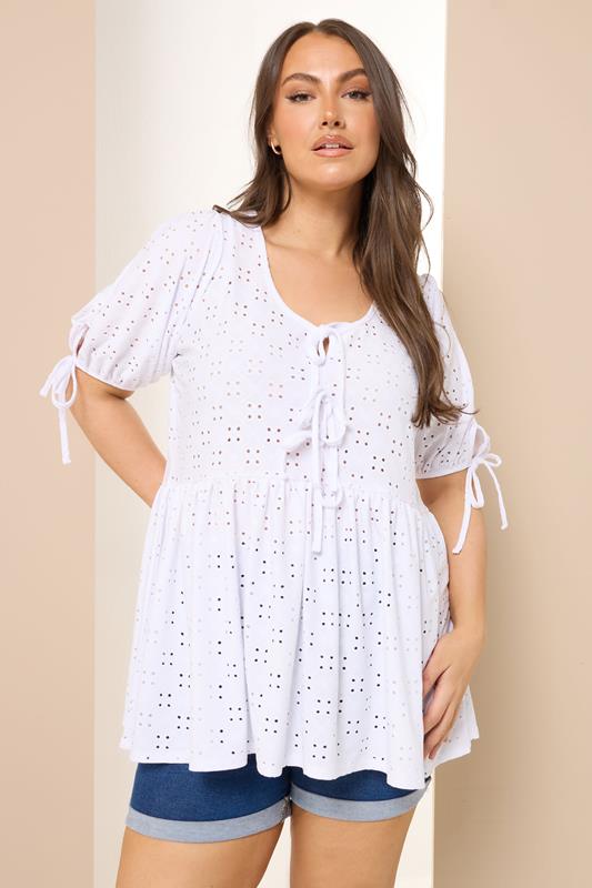 Evans YOURS Curve White Broderie Anglaise Tie Front Peplum Top