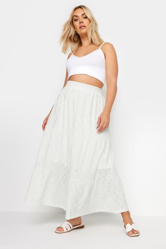 Evans YOURS Curve White Broderie Anglaise Tiered Maxi Skirt