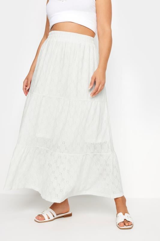evans YOURS Curve White Broderie Anglaise Tiered Maxi Skirt