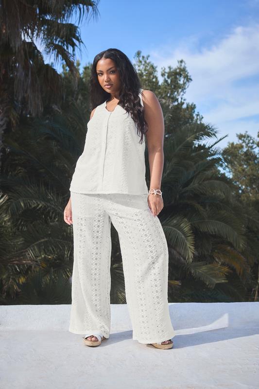 evans YOURS Curve White Broderie Anglaise Wide Leg Trousers