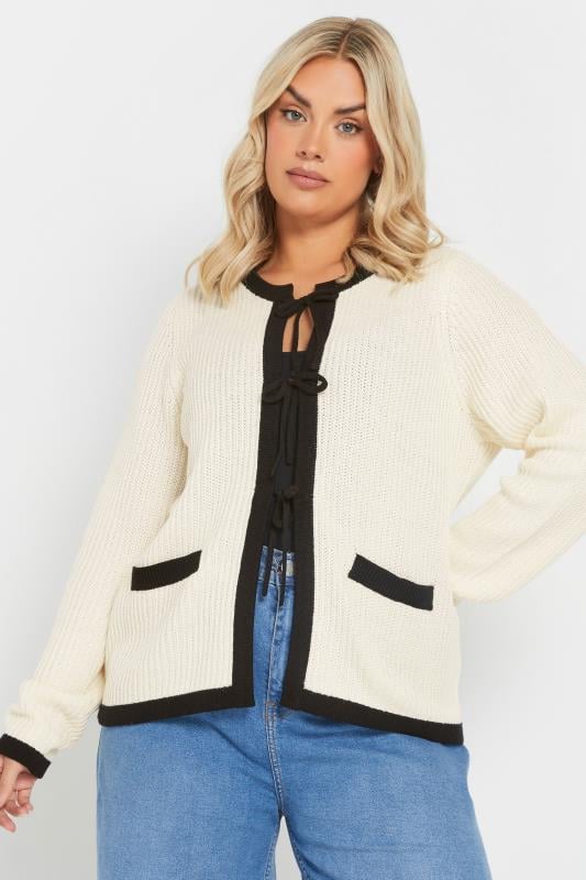 Evans YOURS Curve White Contrast Bow Tie Front Knitted Cardigan
