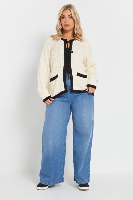 Evans YOURS Curve White Contrast Bow Tie Front Knitted Cardigan
