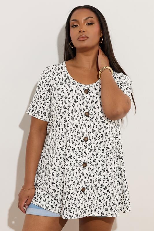 Evans YOURS Curve White Ditsy Floral Ribbed Swing T-Shirt