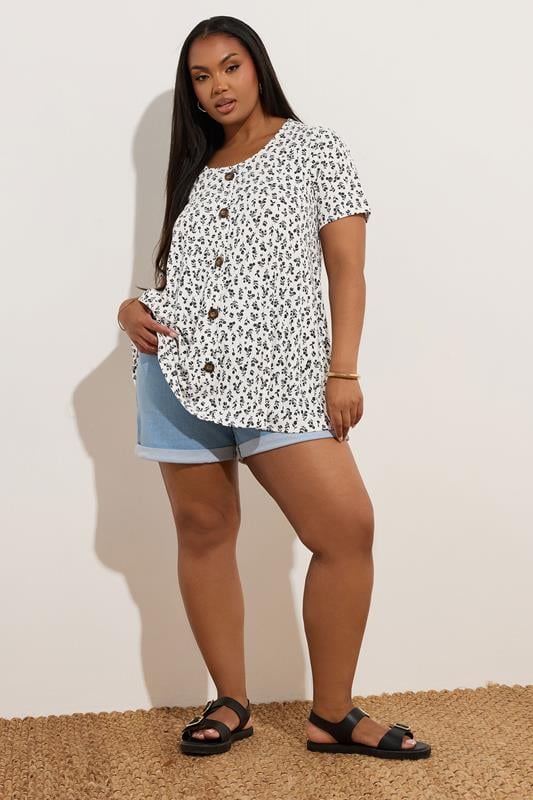 Evans YOURS Curve White Ditsy Floral Ribbed Swing T-Shirt