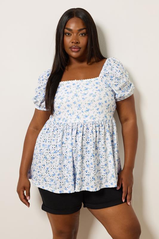 Evans YOURS Curve White Floral Broderie Anglaise Peplum Top