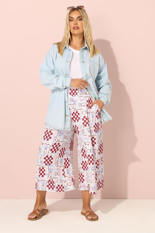 Evans YOURS Curve White Floral Check Crinkle Midaxi Culottes