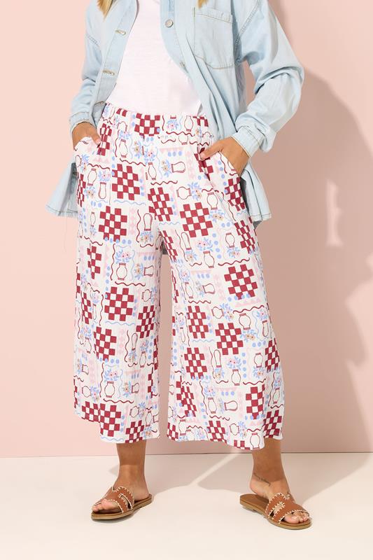 evans YOURS Curve White Floral Check Crinkle Midaxi Culottes