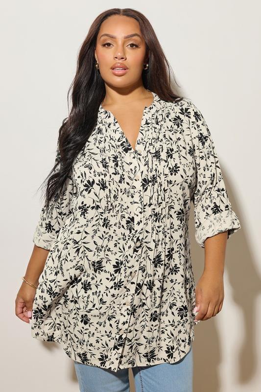 evans YOURS Curve White Floral Print Pintuck Blouse
