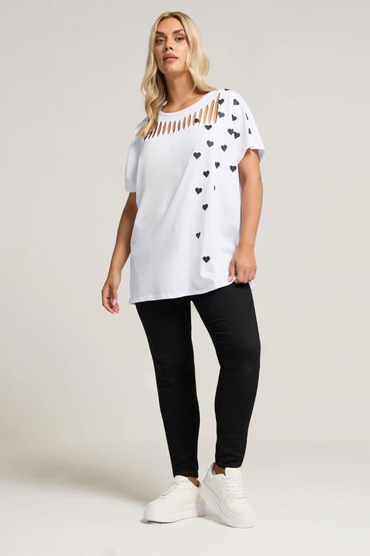 Evans YOURS Curve White Heart Print Slash Detail Top