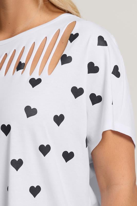 Evans YOURS Curve White Heart Print Slash Detail Top