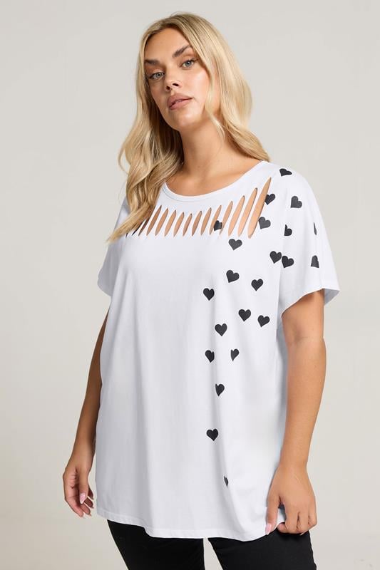 evans YOURS Curve White Heart Print Slash Detail Top
