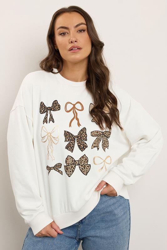 Evans YOURS Curve White Leopard Foil Bow Sweatshirt