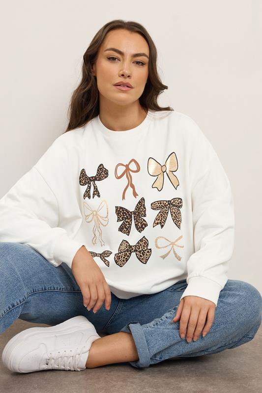 evans YOURS Curve White Leopard Foil Bow Sweatshirt
