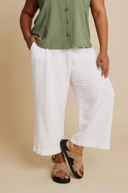 Evans YOURS Curve White Linen Cropped Wide Leg Trousers