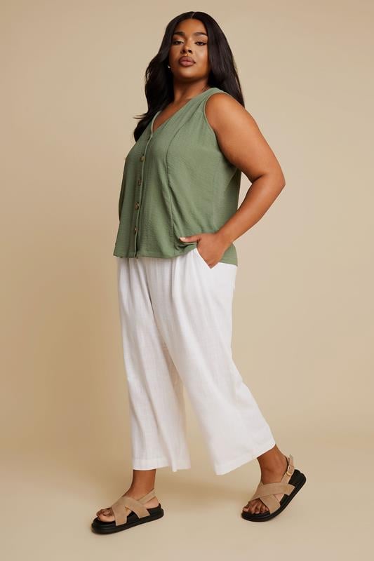 evans YOURS Curve White Linen Cropped Wide Leg Trousers