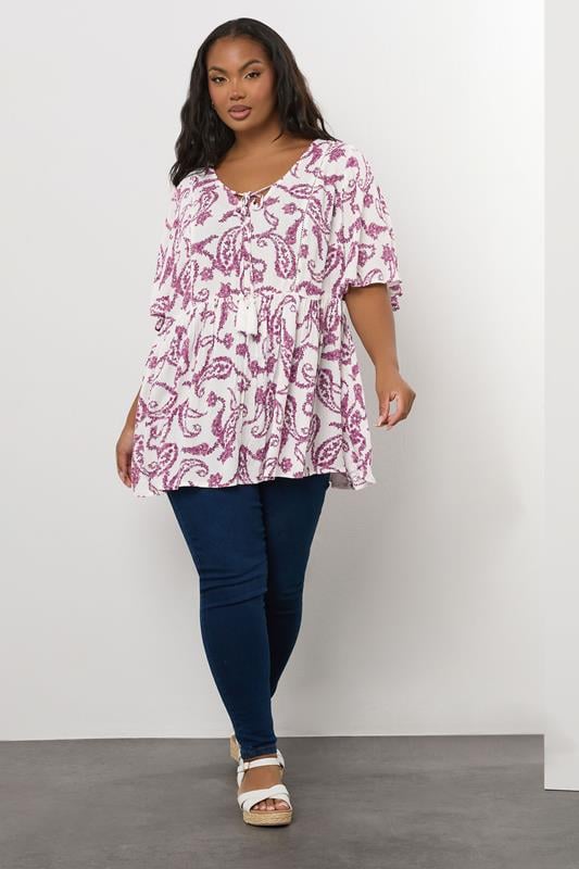 Evans YOURS Curve White Paisley Print Tie Front Top
