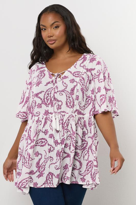 evans YOURS Curve White Paisley Print Tie Front Top