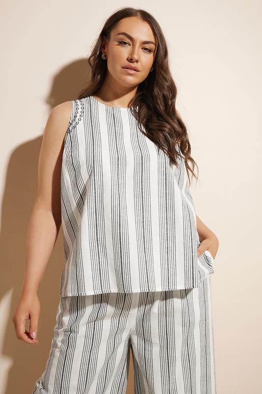 Evans YOURS Curve White Stripe Embroidered Linen Vest Top