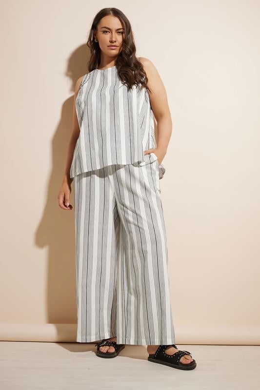 Evans YOURS Curve White Stripe Embroidered Linen Vest Top