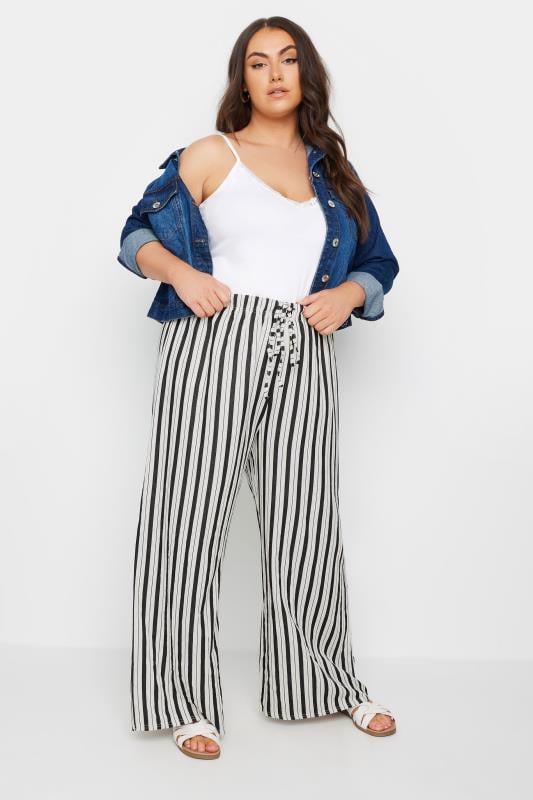 evans YOURS Curve White Stripe Wide Leg Linen Look Trousers