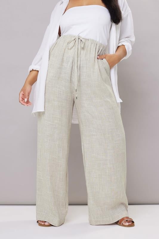 Evans YOURS Curve White Striped Linen Tie Front Trousers