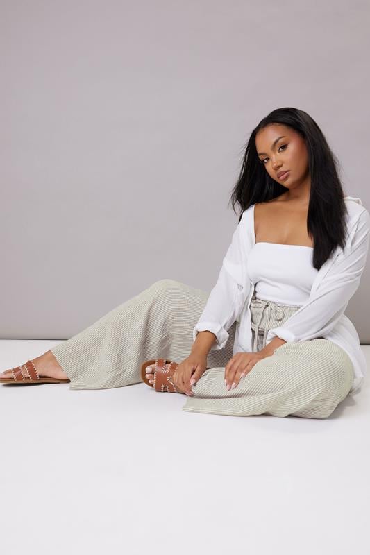 Evans YOURS Curve White Striped Linen Tie Front Trousers