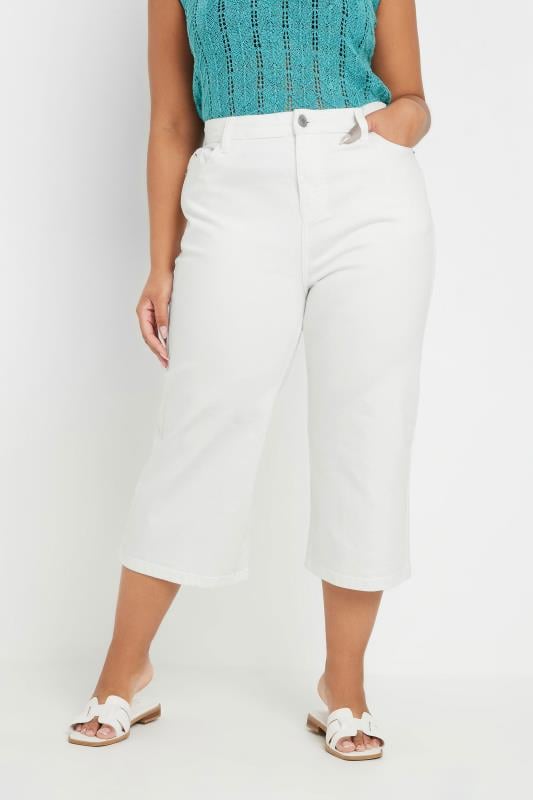 evans YOURS Curve White Wide Leg Cropped Denim Jeans